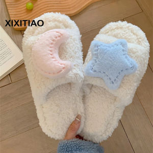 Xixitiao mùa thu và mùa đông nữ giày lông mịn ấm áp trong nhà Dép Cotton Trăng sao dễ thương đơn giản phong cách phong cách Hàn Quốc phong cách Ins nhà sinh viên
