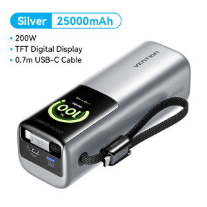 Vention 200W PowerBank 25000mAh with Retractable Cable TFT Smart Display Large Capacity Portable Power Station Fast Charging Power Bank for Laptop Tablet iPhone 17 Pro Max Samsung S26 Ultra Android iOS Xiaomi Huawei