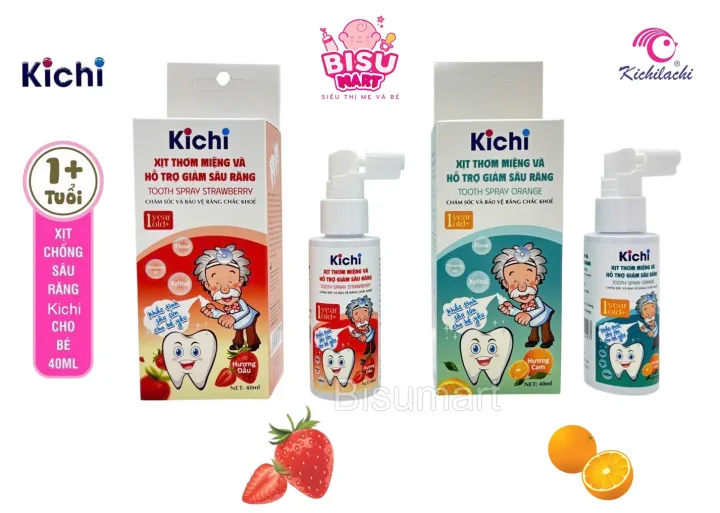 Xịt chống sâu răng Kichicho bé từ 1 tuổi hương dâu hương cam làm sạch khoang miệng ngăn ngừa ố vàng viêm lợi
