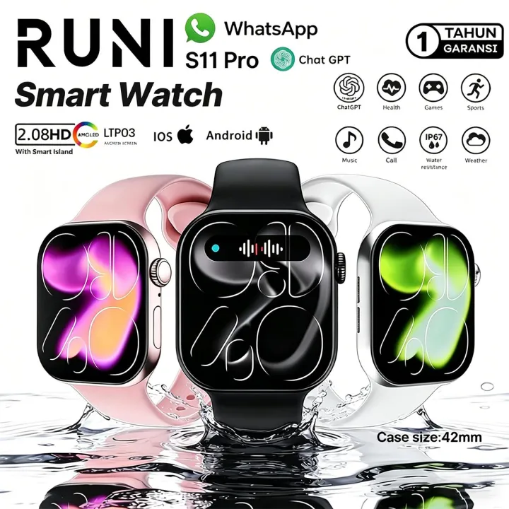[Jaminan 1 Tahun] RUNI Smart Watch-sokongan Reply- S11 Pro Smartwatch AMOLED 2.1" Paparan untuk sukan Smartwatch-Bluetooth 6.0 call-Dynamic Island-IP68