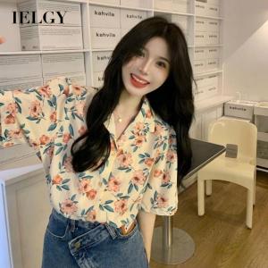 IELGY womens short sleeve french floral loose chiffon shirt