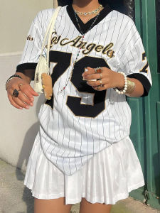 2025 New Los Angeles No. 79 Jersey V-neck Loose Streetwear 3D Printed Vertical Stripe Fashion Short Sleeved Womens Summer Sports Tee