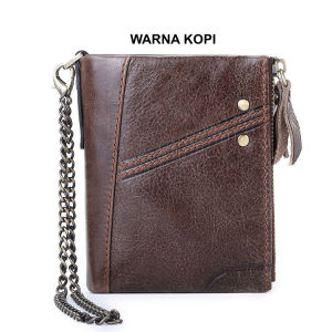 Bowen 6079 Dompet Uang Lipat Zipper Dengan Rantai Anti Copet Bahan Kulit Sapi Asli Muat Banyak