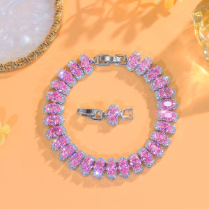 Sequito tuyệt đẹp đá hồng Vòng Tay Cô Dâu trang sức đeo cổ tay Pave hình bầu dục aaaaa Zircon lập phương mạ vàng trắng Phụ kiện đám cưới B408