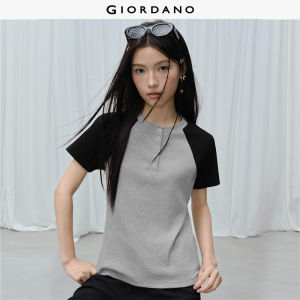 Giordano Women 【Online Exclusive】Henley collar color-blocked raglan short-sleeved slim-fit knit T-shirt Free Shipping 18326621