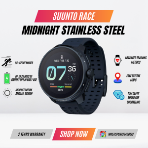 Suunto Race Midnight Stainless Steel GPS Sport Watch: AMOLED Offline Maps 26-Day Battery & HRV Recovery