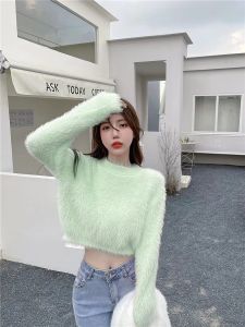 AN-1716 Korean Fashion Furry Cropped Blouse Tops For Women Round Neck Long Sleeve Fur Mink Smooth Casual Blouse Tops Sweaters Tops
