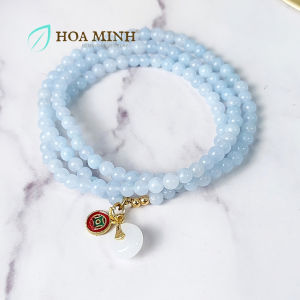 Vòng tay đá Beryl màu xanh phớt kiểu quấn 3 vòng size hạt 4 li phối charm treo đồng điếu kim tiền phong cách thời trang dễ thương | Hoa Minh Gem