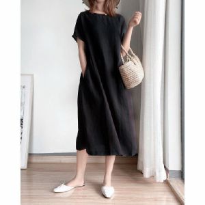Womens summer  cotton linen loose thin mediumlength skirt