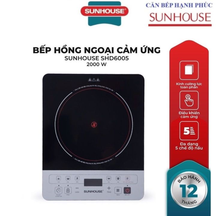 Bếp hồng ngoại cảm ứng SUNHOUSE SHD6005, Công suất 2000 W, Sử dụng được ...