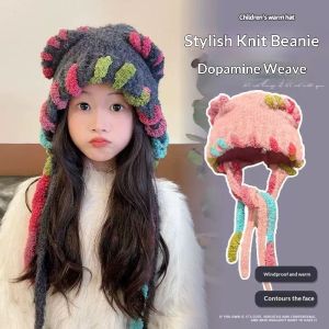 TUmama Mũ len mùa đông dễ thương cho trẻ em với tai gấu và đầy màu sắc pom-poms ấm áp và Windproof bảo vệ tai