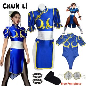 Womens Street Fighter Chun Li Cosplay Costume Game Fighter Chunli Blue Cheongsam with Headdress and Waistband Halloween Costume