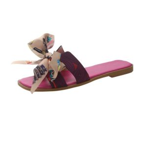 Free Shipping Colorful Ribbon Bow Flat-Heel Slippers For Women New Summer Floral Pattern Slip-On Shoes For Outdoor Wear