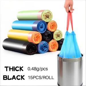 Plexor Portable Drawstring Garbage Bag 45cmx50cm Plastic Automatic Closing Tie On Garbage Bag Bags With Rope Easy Pull Household Garbage Bag / String Portable Cleaning Trash Bags Dustbin with Rope