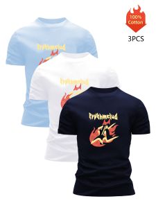 3 Pack T-Shirt Mens 100% Cotton Graphic Printed Tees Funny Summer Blouse Casual Breathable Cool Luxury High Quality Clothing