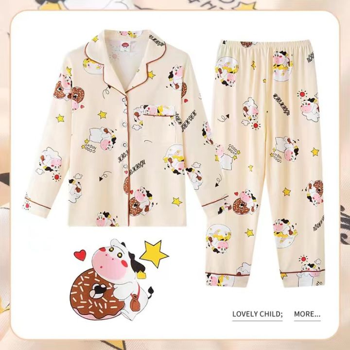 Cow StellaLou Ultraman Pikachu New Cartoon Children's Pajamas Long-sleeved Thin Section Spring and Autumn Cardigan Lapel Cute Middle and Older Children's Home Wear Set Summer 0000