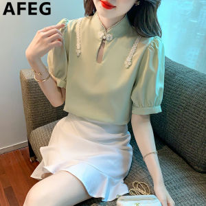 AFEG new Korean version stand collar fashion loose and assorted retro chiffon short-sleeved blouse