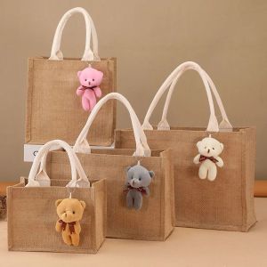 COOLDA Womens Bag linen tote bag gift bag burlap bag diy storage bag shopping bag coated burlap thickened lunch box bag(Webbing handle)