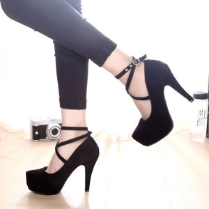 Free Shipping Spring And Autumn New Collection: Fashionable Large-Size Suede Waterproof Platform Heels For Women With Straps And Thick Soles Trendy Single Shoes