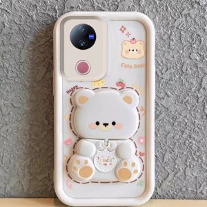 เคสโทรศัพท์ VIVO V50 V40 Pro V30 Pro V30e V29e V29 V27e V27 V25e V25 Pro 5G น่ารักการ์ตูนหมีแต่งหน้าตัวยึดกระจกเคสปกป้องเลนส์ซิลิโคนนิ่มฝาครอบด้านหลัง2025