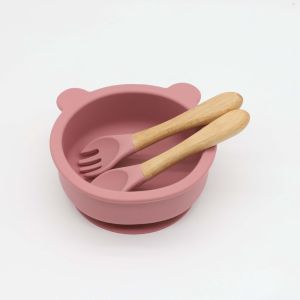 Baby Bear Silicone Suction Bowl Wooden and Fork Spoon Set 310ml 🍭CHILD SAFE 🍭 Cutleries Utensils Infant Toddler Feeding
