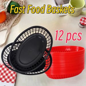 Plastic Food Basket Serving Tray Fast Food Platter Flat Bottom Reusable Stackable Home Kitchen Restaurant 12pcs