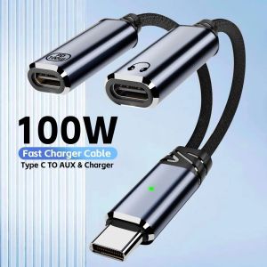 SDAYG PD 100W 2-in-1 USB C OTG Adapter 2 in 1 Design Fast Charging Type C Splitter Audio Cable Support PD HiFi Audio 2 in 1 USB Type C Audio Cable Phone Charging