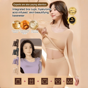 Hyaluronic Acid Skin Beautifying Underwear with Breast Pads Heated V Neck Thermal Underwear for Women Autumn and Winter Invisible Mask Base Layer玻尿酸美肤肌底衣
