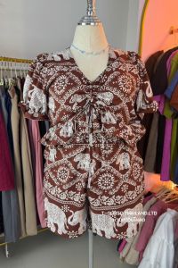 C16 ชุดเซตช้างเสื้อรูดหน้า+กางเกงขาสั้ันรุ่นใหม่-สาวอวบสาวพลัสไซส์ อก30-44 เอว 30-50 ยาว16"