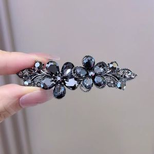 Ánh sáng sang trọng màu đen hoa pha lê Kẹp lò xo cao cấp thanh lịch của phụ nữ trở lại của đầu nửa-tied Kẹp Tóc Tóc Hàn Quốc Phụ Kiện