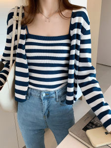 ชุด เซ็ต 2 ชิ้น ผญ4 สีJJ3294 พร้อมส่ง เสื้อผ้าแฟชั่น ลายทาง เสื้อสายเดี่ยว+เสื้อคาร์ดิแกนถัก เซ็กซี่ สั้น เสื้อคลุมบางๆ