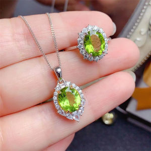 925 Sterling Silver Peridot Ring Pendant for Women Jewelry Set Adjustable Size Ring with Certificate