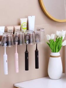 Wood Multifunctional Toothbrush Rack and Mug Holder Wall Mounted Toothpaste and Mouthwash Storage with Toothpaste Squeezer2026