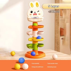 SKONHED Press Mechanism Ball Drop Roll Swirling Tower Hand Eye Coordination Rotating Design Track Turn Around Toy Rolling Ball Toy 5 Layer Rabbit Rail Car Ball Toys Kids Learning