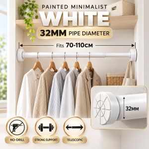 NEW Upgrade 32mm Thick No Drill Telescopic Curtain Rod Adjustable Tension Pole Strong Load Anti Slip Stainless Steel Clothes Drying Rack Shower Curtain Rod Wardrobe Hanging Rail Waterproof Rustproof Bathroom Window Batang Langsir 70-360cm