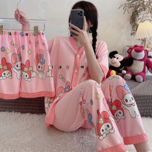 3Pcs Disney Stitch Spring Summer New Pajamas Female Cute Cartoon T-Shirt Pants Loose Imitation Cotton Sweet Outside Loungewear