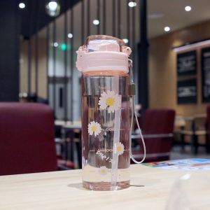BOTOL FLIP COVER BUNGA DAISY BOTOL MINUM BENING 600 ML FREE SEDOTAN ZY 1828