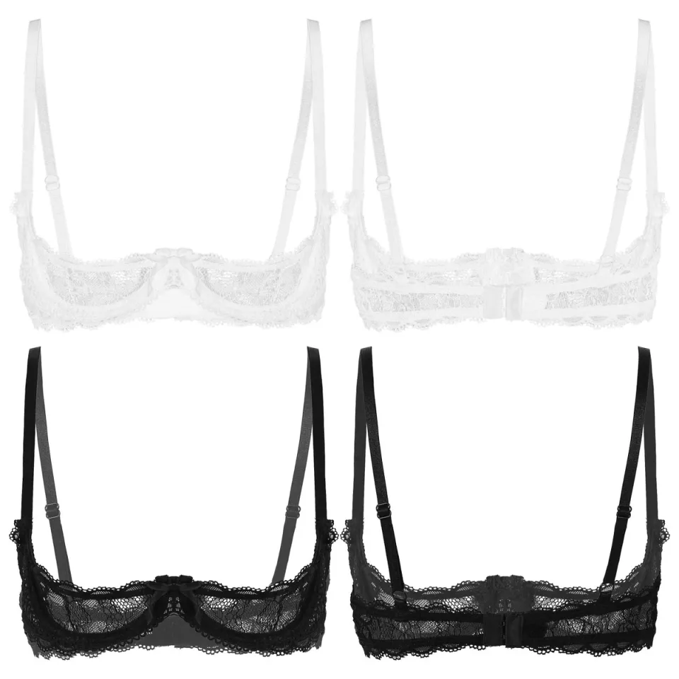 Women Sexy 1/4 Cup Lace Bra Underwired Push Up Bra Unlined See Through  Bralette