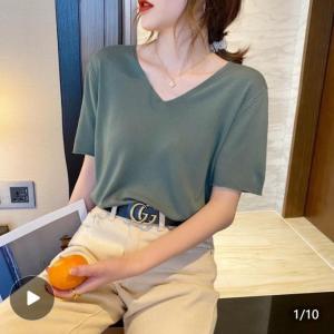 Cửa Hàng LUCKIN Cỡ Lỡn V-cổ Áo Phông Ngắn Tay Nữ Mùa Hè Dệt Kim Dáng Thụng Mới Áo Mặc Lót Cho Nữ Áo Màu Trơn