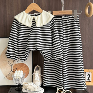Bộ quần áo in sọc gấu cho bé gái Bộ đồ áo thun áo nỉ + Quần 2 Món cho dài tay phiên bản Hàn Quốc thường ngày áo quần áo trẻ em thể thao xuân thu ve áo Trang phục mặc ngoài 3-7 năm