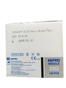 NIPRO Sterile Needles 22G x 3/4 inch 19mm 100s ( 9 Boxes + 1 BOX FOC ) Expiry 2027