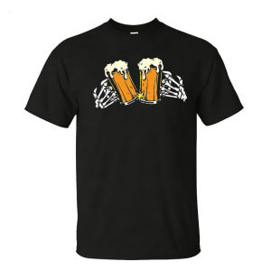 [Local Stock] HBESTY  Skeleton Hands Cheers Beer Graphic Navy Tee Drinking Party Men Top Funny Alcohol Lover T-Shirt Halloween Humor Shirt