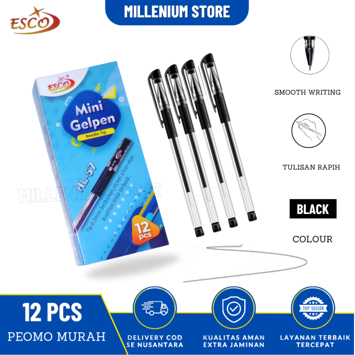 Pulpen Gel / Ballpoint / Gelpen Esco isi 12 pcs Tinta Hitam / Pulpen