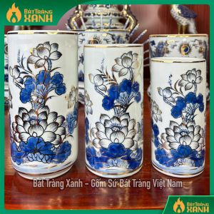 Ống Hương Họa Tiết Sen Vẽ Vàng Bát Tràng Ống Cắm Nhang Bày Ban Thờ Gia Tiên Thờ Phật Thờ Thần Tài