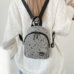 CNIEN8 Sweet Corduroy Mini Backpack Heart Bow Print Lightweight Shoulder Bag Cute Multi-compartment Casual Backpack Women