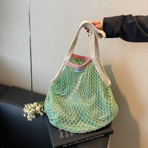 DINAH แบบเกาหลี กระเป๋าสะพายไหล่แบบทอแบบโปร่ง โพลีเอสเตอร์ ความจุขนาดใหญ่ กระเป๋าถือตาข่าย ระบายอากาศได้ ปกปิดขอบ กระเป๋าชายหาดฤดูร้อน ว่ายน้ำ