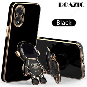 ROAZIC For OPPO A38/OPPO A18 Phone Case With Astronaut Holder Straight Plating Edge Casing Soft Silicone Stand Back Cover