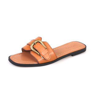 YOTO Womens Flat Sandals Summer 2025 Comfortable PU Leather Adjustable Metal Buckle Slides Casual Vacation Beach Shoes