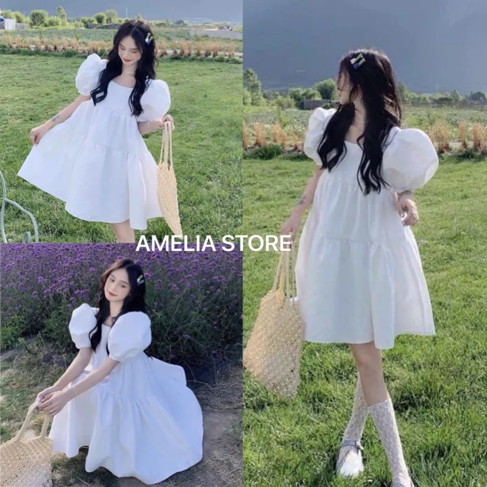 Váy trắng trễ vai nữ tiểu thư, Đầm 2 dây ngắn phối nhún có lót ngực tay  bồng 2 lớp dáng xòe điệu đà dễ thương | Shopee Việt Nam