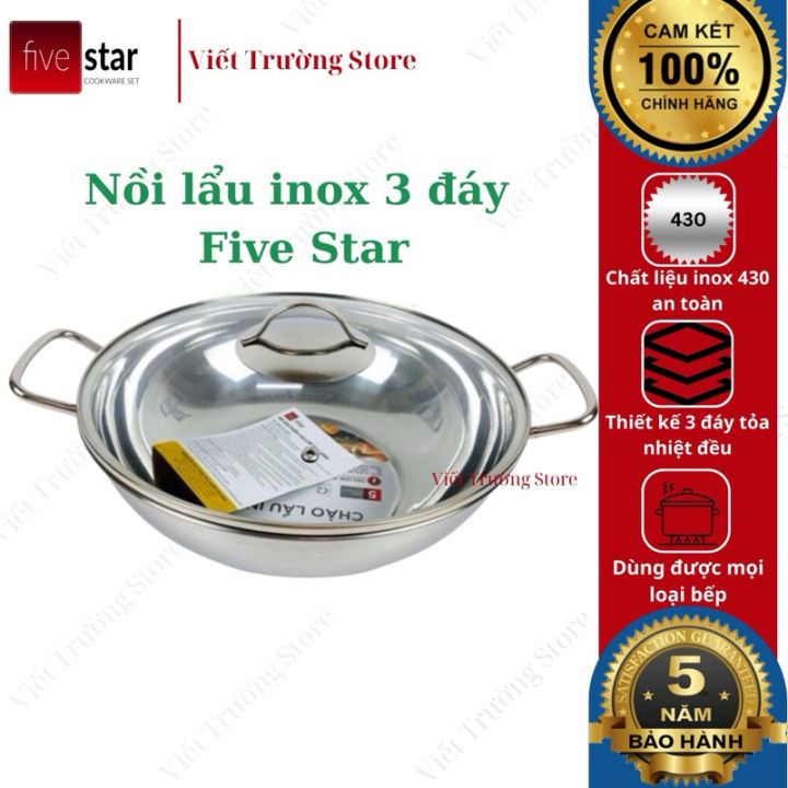 Chảo lẩu quai đũa 3 đáy Fivestar lòng nồi inox nắp kính 24,26,28,32 ...